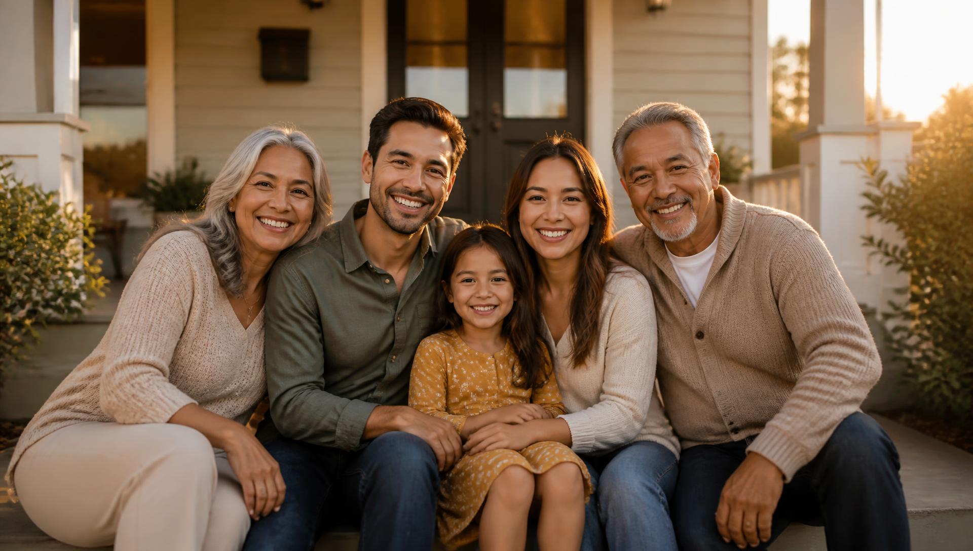Three generations of a family sitting together on the front porch of their home